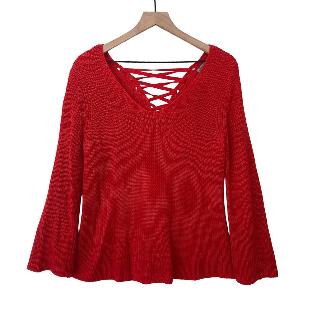 Joseph A. Tomato Red Romantic Festive Tumblr Grunge Knit Lace Up Latice Sweater